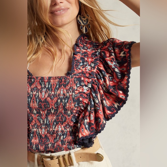 Anthropologie Let Me Be Printed Smocked Ruffle Sleeve 100% Cotton Crop Top - Picture 10 of 11